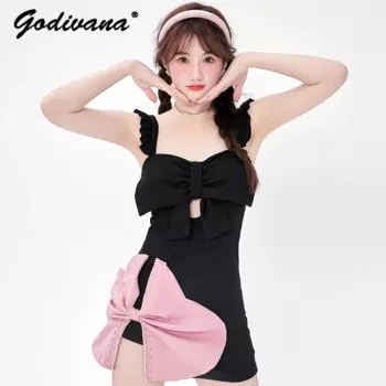 Оригинальный милый приталенный купальник в стиле ретро для девушек, закрывающий живот, скрывающий Лидер продаж, весенний женский слитный купальник без рукавов с милым бантом