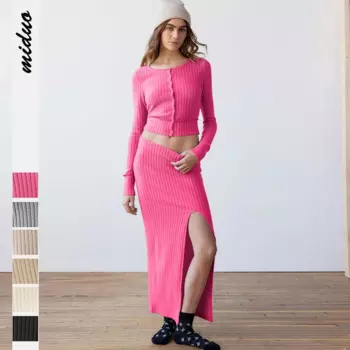 Оригинальный шерстяной вязаный костюм с юбкой на осень и зиму, Женский Повседневный облегающий костюм Y2K, топ с Боковым Разрезом, яркий дизайнерский костюм из двух предметов