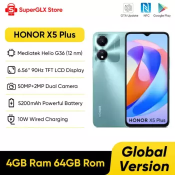 Оригинальный Смартфон Honor X5 Plus, экран 6,56 дюйма, 90 Гц, 4 Гб ОЗУ 64 Гб ПЗУ, аккумулятор 5200 мАч, двойная камера 50 МП, Android 13
