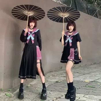 Оригинальный темно-синий топ контрастных цветов с воротником и длинными рукавами, необычная плиссированная юбка, форма Jk, Женский японский матросский костюм