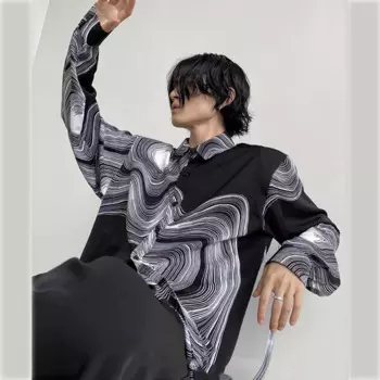 Осень 2022, новинка, нишевые черные и белые топы с абстрактным узором и наплечниками, высококачественная повседневная рубашка с цветочным принтом и длинным рукавом 2D0282