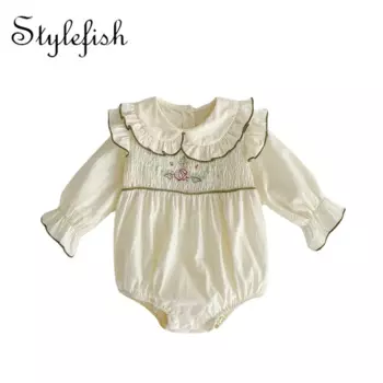 Осень 2022, Одежда для младенцев, детский агарический комбинезон с вышивкой и воротником, Детский комбинезон с длинным рукавом