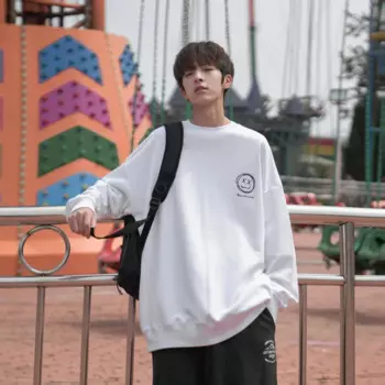 Осень 2023, мужская толстовка с улыбающимся лицом, Молодежный пуловер с круглым вырезом и принтом, черный, белый