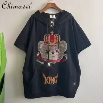 Осень 2023, новая европейская футболка большого размера с капюшоном Hot Diamond Bear, свободная трендовая футболка с короткими рукавами, топ для женщин