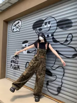 Осень 2024, американские брюки для женщин, свободные прямые брюки с леопардовым принтом, универсальные широкие брюки с несколькими карманами для улицы