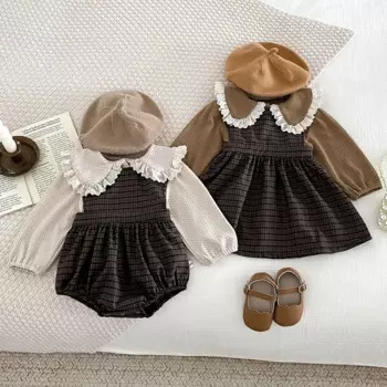 Осень 2024, комплект одежды для маленьких девочек, футболка с длинным рукавом + платье без рукавов, костюм для маленьких девочек