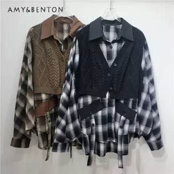 Осень 2024, новая мода, вязаный жилет с v-образным вырезом, клетчатая рубашка, куртка, женская пригородная стильная универсальная повседневная куртка большого размера