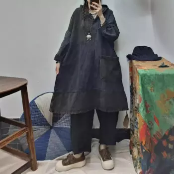 Осень 2024, новое винтажное свободное Повседневное платье SuperAen в стиле ретро с капюшоном, длинное джинсовое платье с длинными рукавами