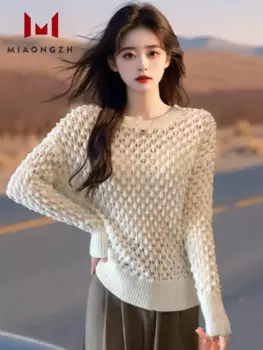 Осень 2024, новые женские белые вязаные свитера с круглым вырезом, модные роскошные дизайнерские женские повседневные пуловеры с длинными рукавами, шикарный трикотаж