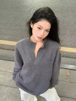 Осень 2024, новый серый пуловер из 100% кашемира, свободный свитер, женский свитер с длинными рукавами