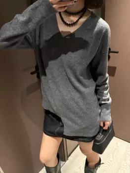 Осень 2024, новый женский свитер, модный изысканный свободный асимметричный подол, повседневный стиль, женская кашемировая толстовка с v-образным вырезом