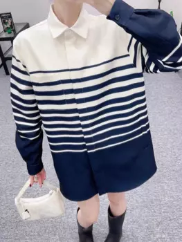 Осень 2024, последняя женская рубашка, универсальная модная трендовая рубашка, куртка, женская сине-белая полосатая рубашка с воротником