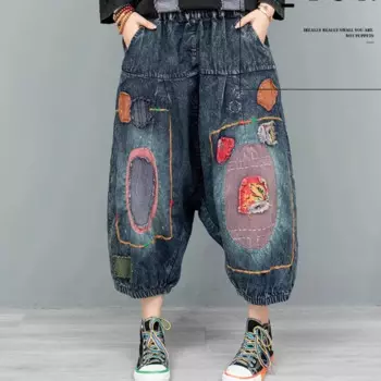 Осень 2024, тканевые джинсы с ручной вышивкой для тяжелой промышленности, женские синие висячие брюки с промежностью LX1896