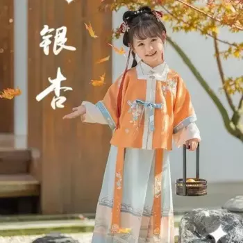 Осень 2024, традиционное китайское платье ханьфу для девочек, оранжевое пальто с цветочным принтом, синяя длинная юбка, Детский костюм Тан, новогодние подарки