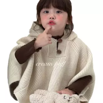 Осень 2024, вязаный плащ для маленьких девочек, украшение на пуговицах с рукавами «летучая мышь», верхняя одежда для девочек, свободное однотонное пальто с капюшоном для девочек от 1 до 6 лет