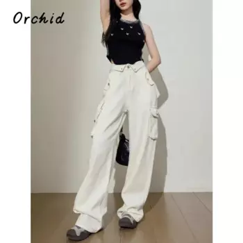 Осень 2024, женские повседневные стильные свободные брюки в винтажном стиле, базовые брюки с эффектом потертости, мешковатые джинсовые брюки с широкими штанинами и карманами Y2K