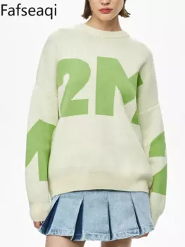 Осень 2024, женский свитер оверсайз с принтом, базовые вязаные свитера с круглым вырезом для женщин, новый пуловер, джемпер, вязаный топ с длинными рукавами