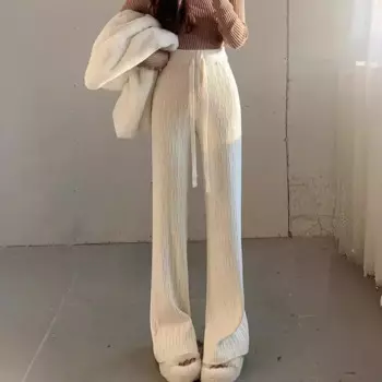 Осень и зима 2024, новые утягивающие вязаные повседневные брюки с высокой талией, женские широкие брюки, прямые шерстяные длинные брюки