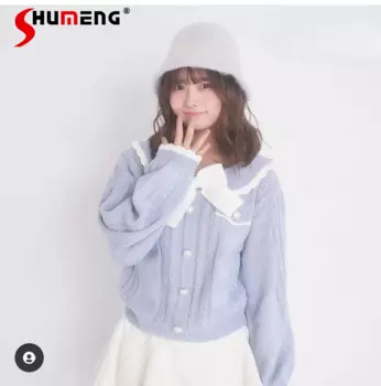 Осень и зима, новая мода, свободный вязаный кардиган, куртка, пальто, японский стиль для девочек, милый милый вязаный свитер с кукольным воротником и бантом