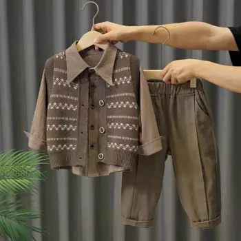 Осень-весна 2023, комплект одежды из 3 предметов, жилет с цветочным рисунком в стиле ретро для маленьких мальчиков, хлопковая рубашка и брюки, костюм, Детское пальто, куртка, наряды