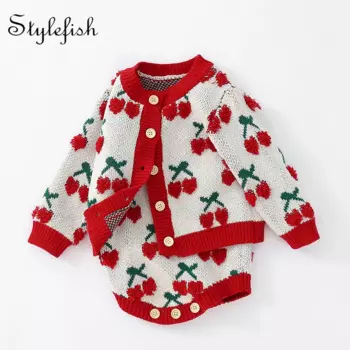 Осень-зима 2022, Детский комплект с вышивкой вишни, Детский комбинезон с длинным рукавом + пальто