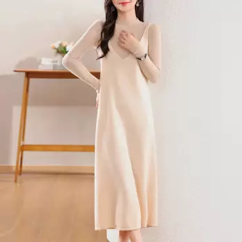 Осень-зима 2023, новая шерстяная юбка-миди на тонких бретельках, женское платье-пуловер в корейском стиле