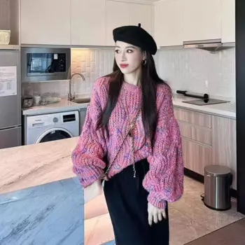 Осень-зима 2023, новый ленивый стиль, свободный цвет, модный свитер с рукавами-фонариками, женский пуловер с круглым вырезом, утягивающий топ