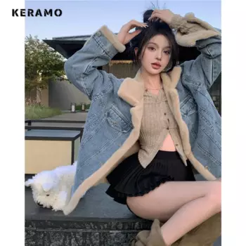 Осень-зима 2023, повседневная синяя мешковатая теплая джинсовая куртка в Корейском стиле, женская модная пикантная Шикарная стильная свободная шерстяная джинсовая куртка Y2K