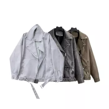 Осень-зима 2024, новая модная женская одежда, повседневная мотоциклетная одежда в стиле ретро, куртка из стираной кожи, свободная куртка