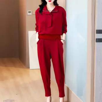 Осень/Зима 2024, новинка, хлопковые брюки-султанки на молнии с воротником-стойкой, Модный повседневный комплект в западном стиле, колготки, комплект из двух предметов