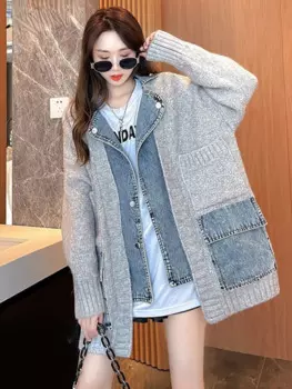 Осень-зима 2024, Новое поступление, джинсовый свитер, пальто, женский свободный утепленный вязаный кардиган, Женский Топ