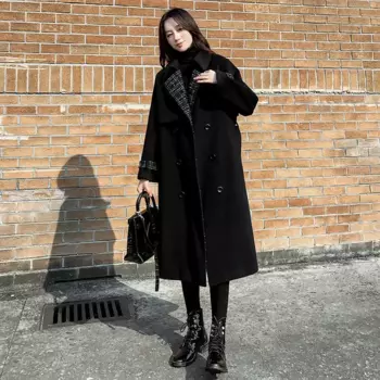 Осень-зима 2024, новое повседневное шикарное шерстяное Женское пальто, стандартное длинное шерстяное пальто с поясом в Корейском стиле