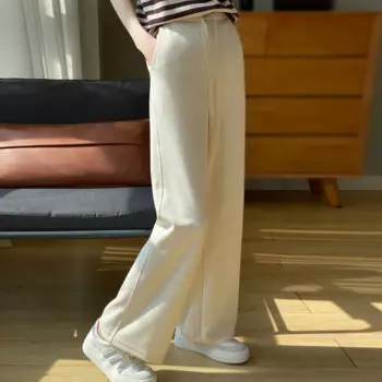 Осень-зима 2024, новые Повседневные вязаные брюки с высокой талией, женские свободные однотонные облегающие брюки с широкими штанинами, шерстяные брюки из шерсти