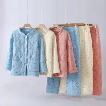 Осень-зима 2024, новые теплые женские пижамные комплекты, женская хлопково-марлевая стеганая одежда для сна, женские утепленные брюки, костюм, свободная домашняя одежда