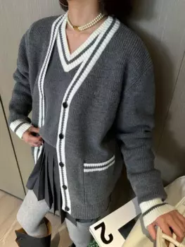Осень/зима 2024, новый женский свитер, модный и изысканный, уменьшающий возраст, универсальный шерстяной вязаный кардиган с v-образным вырезом