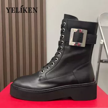 Осень-зима 2024, трендовые женские полусапожки с квадратной пряжкой и кристаллами, ботинки до середины икры из натуральной кожи, дизайнерские ботильоны на танкетке