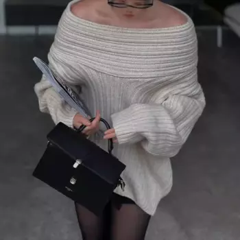 Осень-зима 2024, вязаный Свободный Повседневный свитер в стиле пэчворк с открытыми плечами, Женские однотонные хипстерские уличные пуловеры с воротником-лодочкой и длинным рукавом