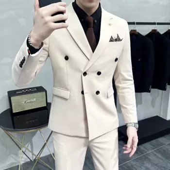 Осень-зима корейский Свадебный модный красивый тонкий однотонный (костюм + жилет + брюки) двубортный мужской костюм-тройка