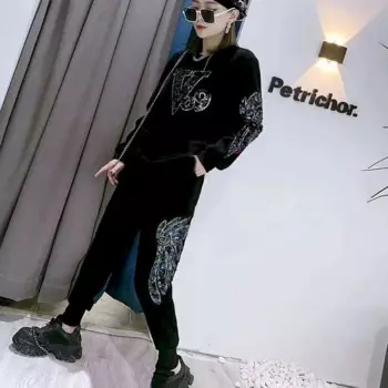 Осень-зима, модные спортивные комплекты, женские свободные комплекты с блестками и крыльями для тяжелой промышленности, модный пуловер большого размера, брюки, костюмы из двух предметов