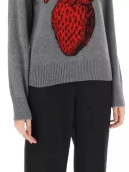Осень-зима, новая мода, свитер с круглым вырезом и принтом клубники, женский серый шерстяной вязаный джемпер с ребристыми краями, женский