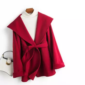 Осень-зима, новая свободная двусторонняя шерстяная куртка средней длины, женская однотонная верхняя одежда, шерстяное пальто с капюшоном и поясом, женское