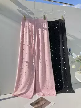 Осень-зима, новые жемчужные шикарные широкие брюки для женщин, свободные повседневные брюки с высокой талией и ленивым стилем