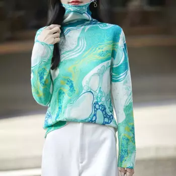 Осень/зима, новый свитер из 100% чистой шерсти, женский вязаный низ с принтом, рубашка с высоким воротником, свитер с ворсовым воротником