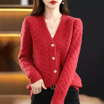 Осень/зима, новый женский свитер, 100% кашемир Merino, кардиган с v-образным вырезом, модная теплая базовая трикотажная рубашка с ромбовидным узором