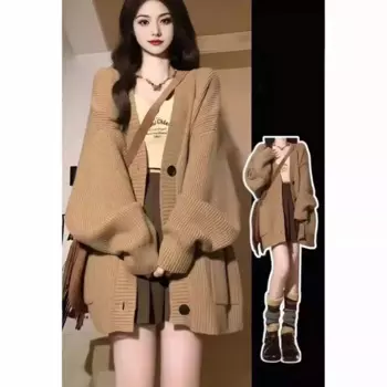 Осень-зима, однотонный вязаный кардиган, свитер для женщин, корейская мода, мешковатая толстовка большого размера, пальто, толстовка, одежда Y2k