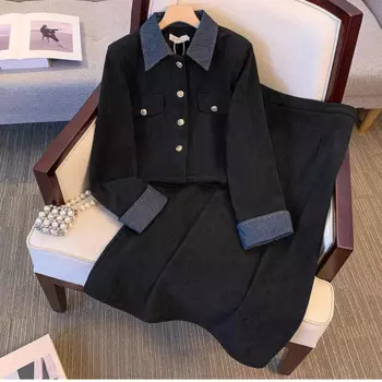 Осень-зима вельветовый комплект из двух предметов для женщин, топы и юбка с воротником-поло, женские черные бархатные тонкие одинаковые костюмы большого размера