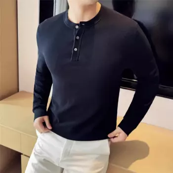 Осень-зима вязаный свитер мужская мода с воротником Генри Slim Fit вязаные пуловеры мужские однотонные хлопковые вязаные топы с длинными рукавами