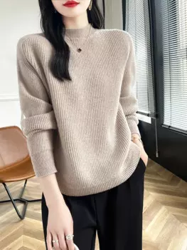 Осень-зима, женский кашемировый свитер, шерстяной пуловер с воротником-стойкой, трикотаж из 100% мериносовой шерсти, мягкая удобная повседневная свободная одежда, топы