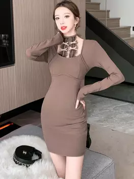 Осенне-зимнее черное шикарное кружевное привлекательное мини-платье с воротником, женское облегающее платье для выпускного вечера с длинным рукавом, модель 2024 года, корейское винтажное платье