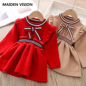 Осенне-зимнее платье для девочек, детская одежда для девочек, Рождественский вязаный свитер в полоску с бантом, для малышей bsby